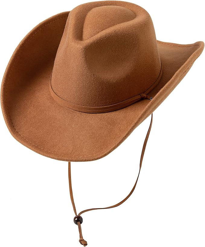 Lanzom Women Men Retro Felt Wide Brim Western Cowboy Cowgirl Hat Dress Up Hat with Wind Lanyard | Amazon (US)