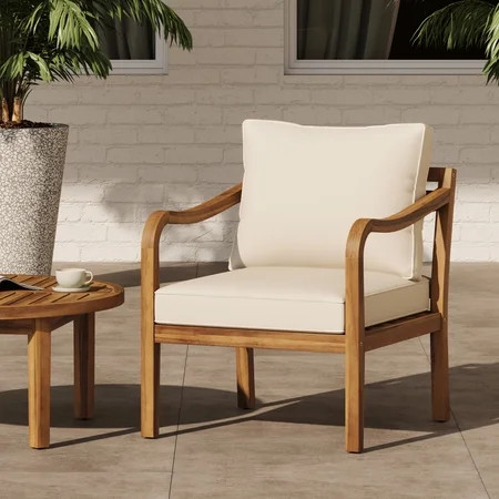 Christopher Knight Home Outdoor Acacia Wood Lounge Chair with Cross Back, Teak Finish+Beige Cushion | Walmart (US)