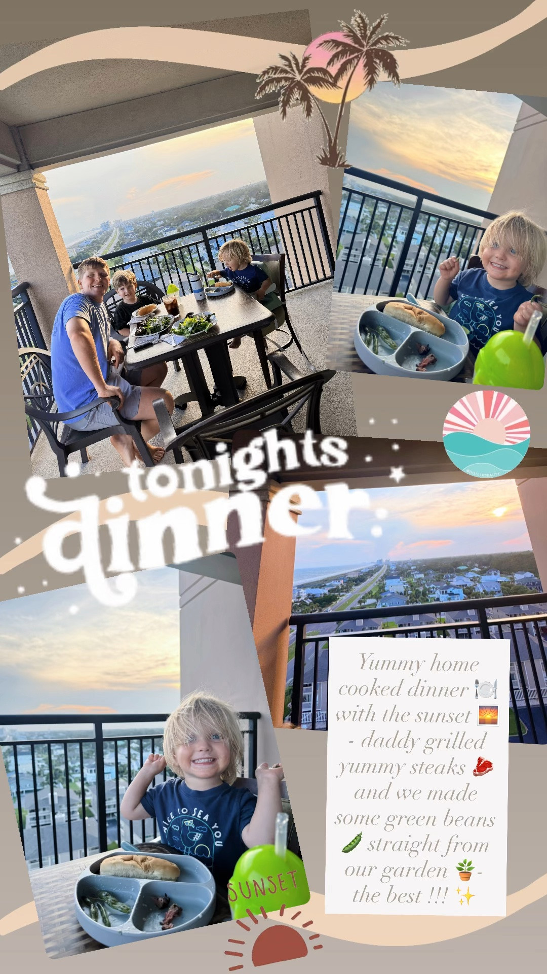 Yummy home cooked dinner 🍽️ with the sunset 🌅 - daddy grilled yummy steaks 🥩 and we made some green beans 🫛 straight from our garden 🪴- the best !!! ✨