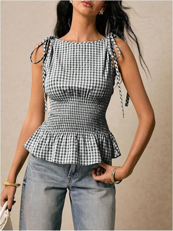 Floerns Women's Gingham Peplum Tie Shoulder Sleeveless Elegant Tank Tops | Boat Neck, Cinched Wai... | Amazon (US)