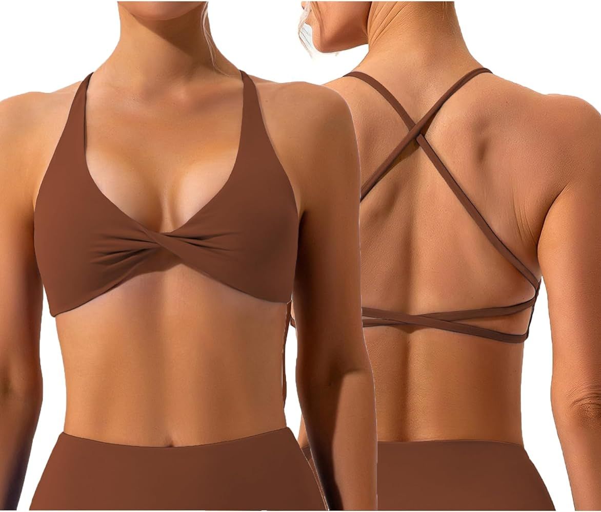 Vertvie Workout Sports Bras for Women Twist Front Open Back Padded Backless Strappy Sports Bra Lo... | Amazon (US)