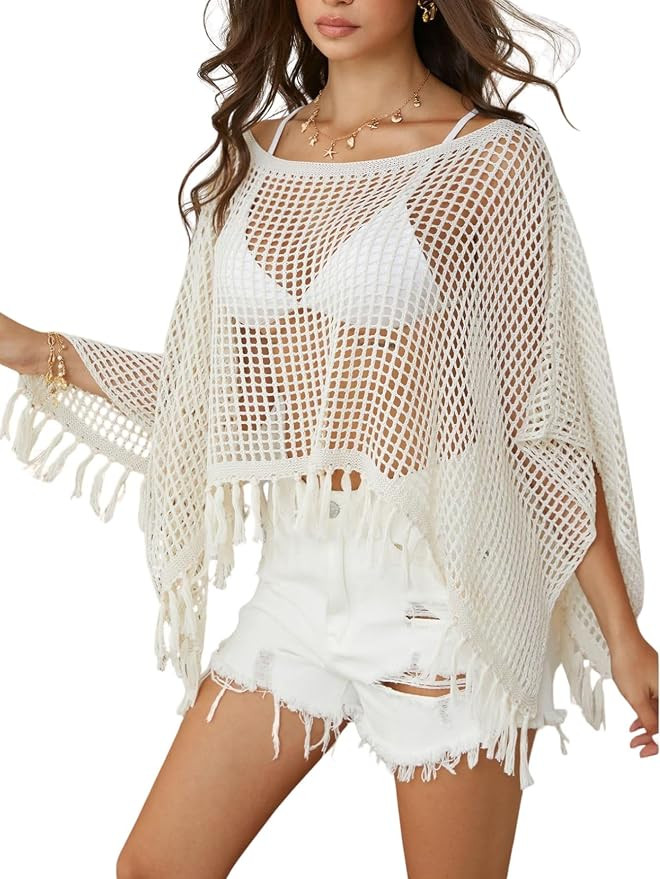 Verdusa Women's Crochet Tops Boho Hollow Out Sweater Beach Cover Up Fringe Poncho Tops Vacation O... | Amazon (US)