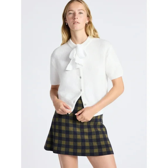 Free Assembly Women's Button-Front Bow Sweater with Short Sleeves, Midweight, Sizes XS-XXL | Walmart (US)