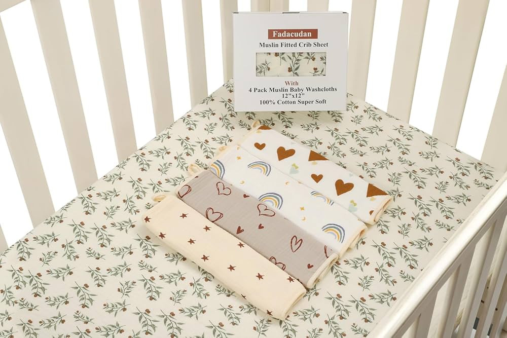 Fadacudan Muslin Fitted Crib Sheet with 4 Pack Muslin Baby Washcloths 12"x 12" Love Rainbow Stras... | Amazon (US)