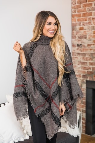 Stay Classy Plaid Poncho Charcoal | The Pink Lily Boutique