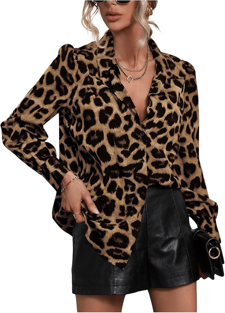 SOLY HUX Women's Button Down Shirts Casual Long Sleeve Print Collar V Neck Blouse Tops | Amazon (US)