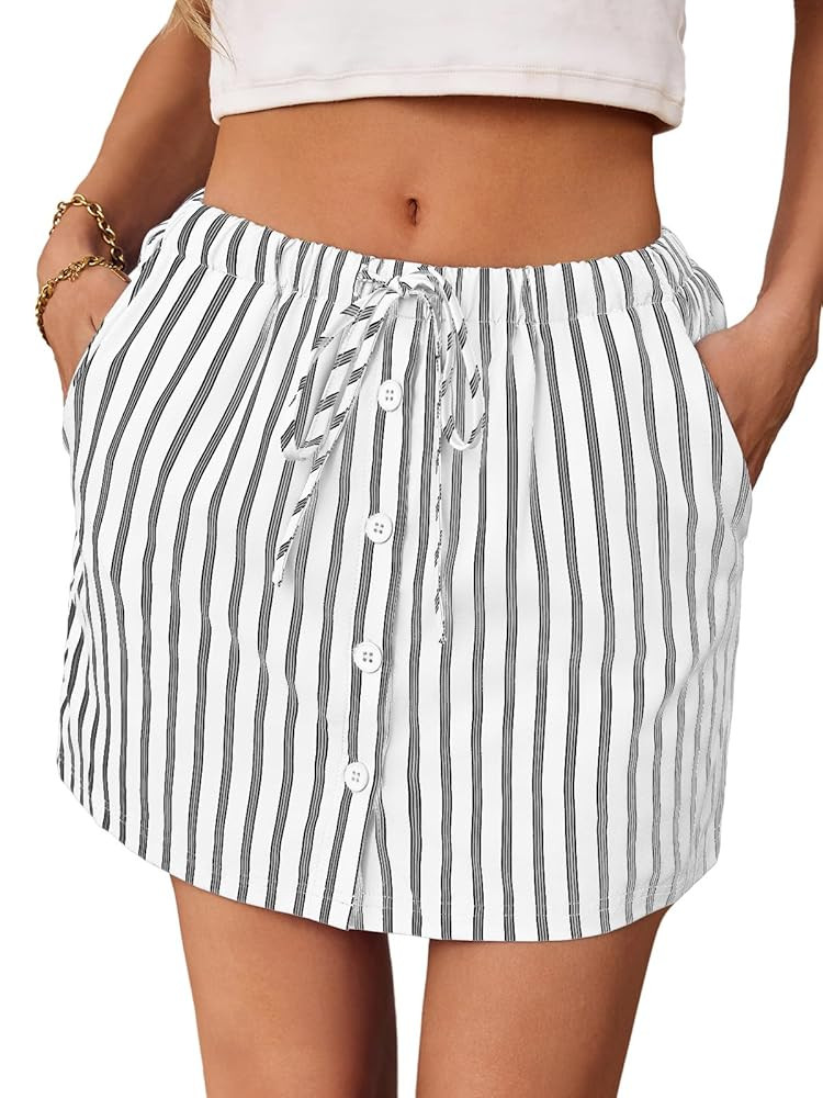 Fisoew Womens Summer Striped Mini Skirts Casual Drawstring Elastic Waist Button Cute Y2K Skorts S... | Amazon (US)