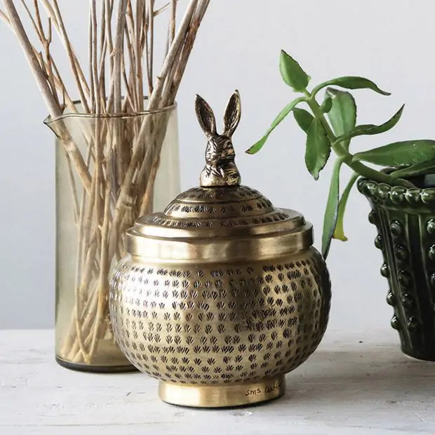 Hammered Metal Bowl With Rabbit Finial | Antique Farm House