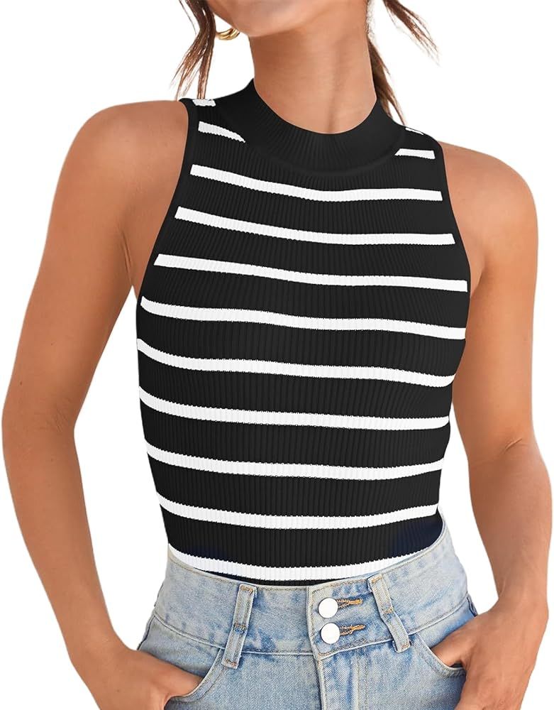 Summer Tops for Women High Neck Round Neck Slim Fitted Striped Tank Sleeveless Casual Tank top Re... | Amazon (US)