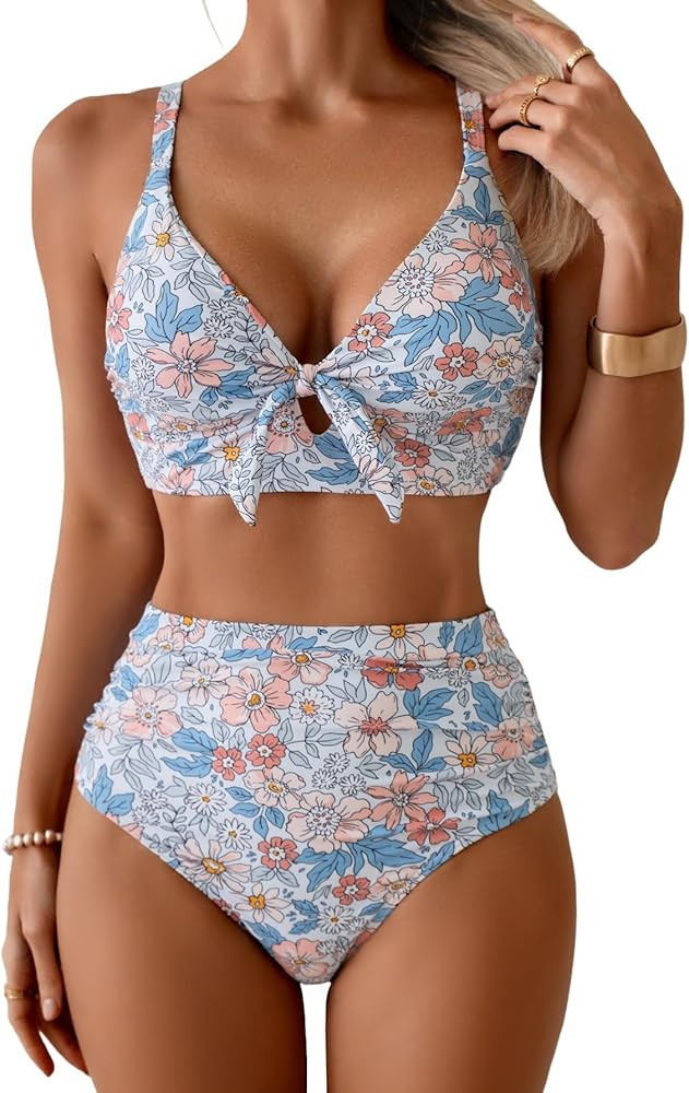 Eomenie Bikini Sets for Women Tummy Control Ruched Bathing Suit Tie Knot V Neck Two Piece Swimsui... | Amazon (US)