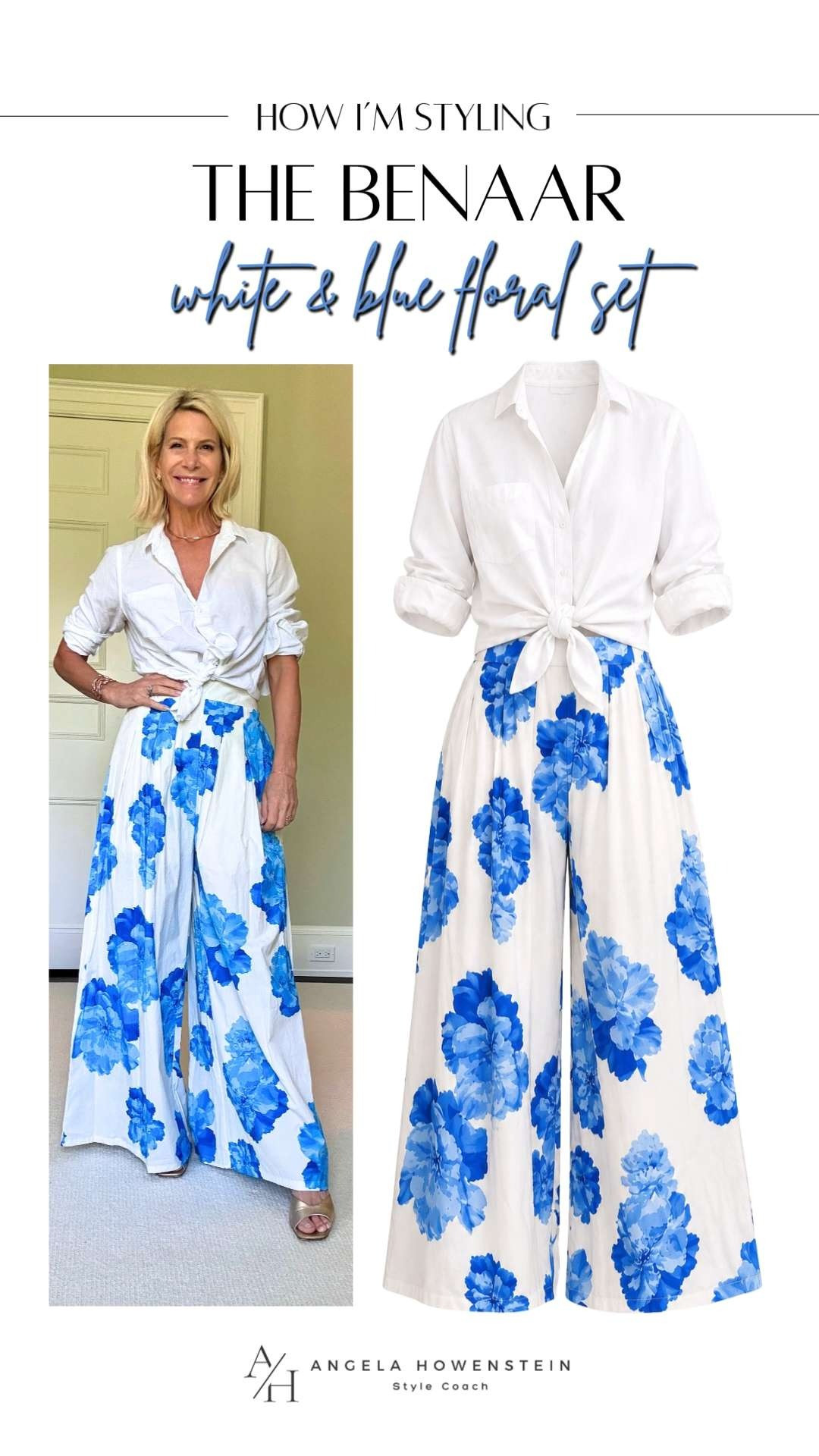 How to Style Blue Floral Wide-Leg Pants with a Classic White Button-Down Shirt.  

 #LTKootd #LTKSeasonal #LTKSaleAlert