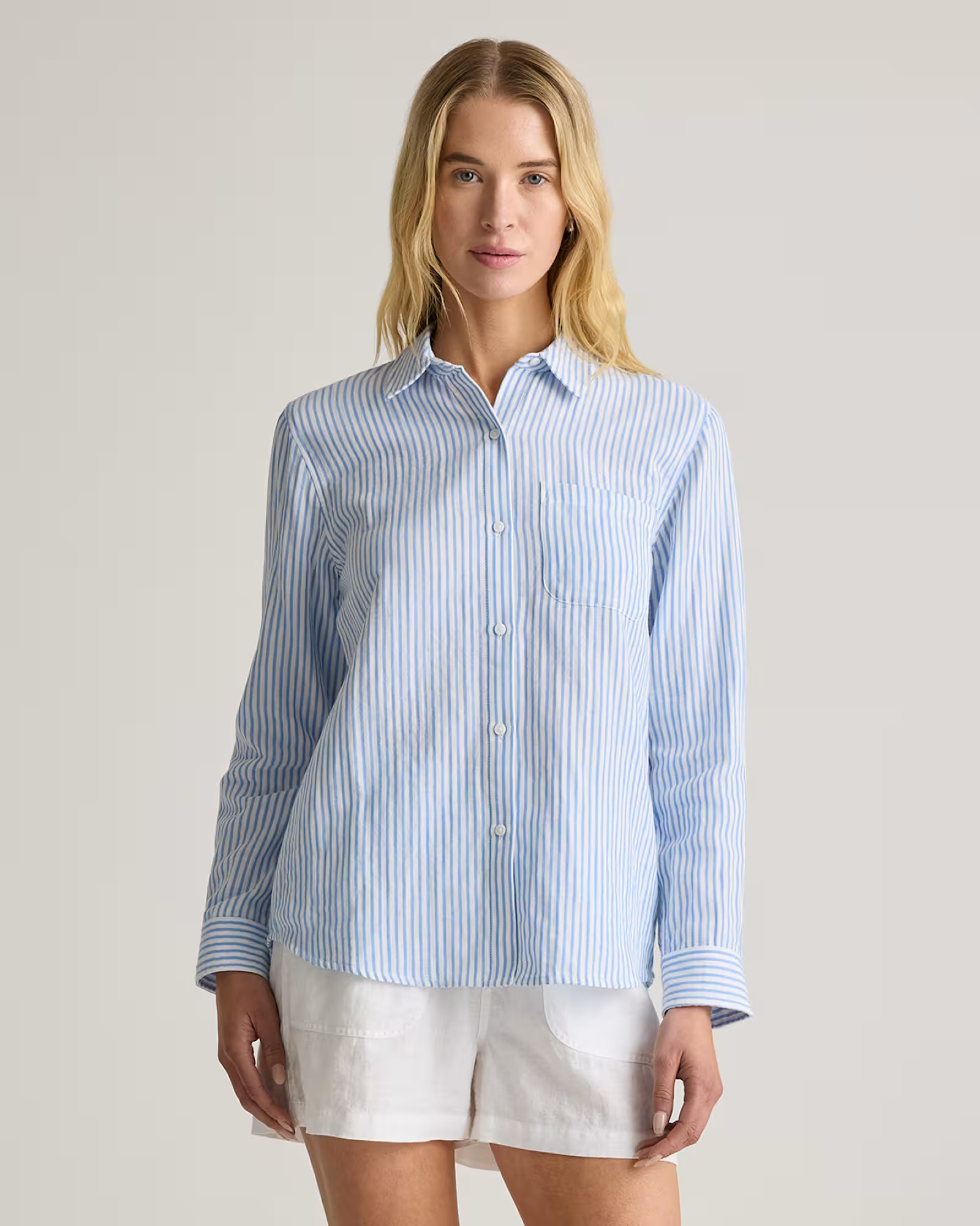100% Organic Cotton Gauze Long Sleeve Shirt in Bayside Stripe Blue/white | Quince