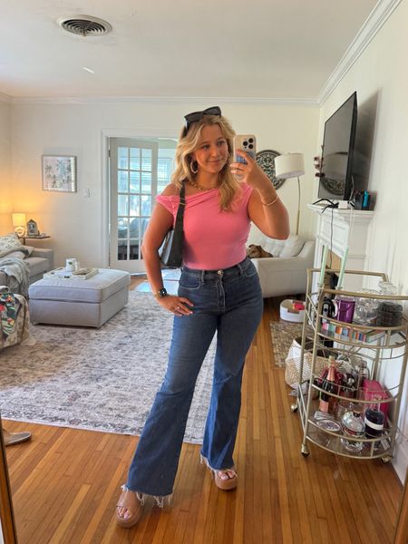 Dinner outfit 💖 pink bodysuit rented from fashionpass (code HELLOEMILYERIN for $$$ off!), Abercrombie flare jeans, target platform slides, Kendra Scott jewelry, and YSL bag borrowed from Vivrelle (code EMILYCROSLIN to skip the line!) 