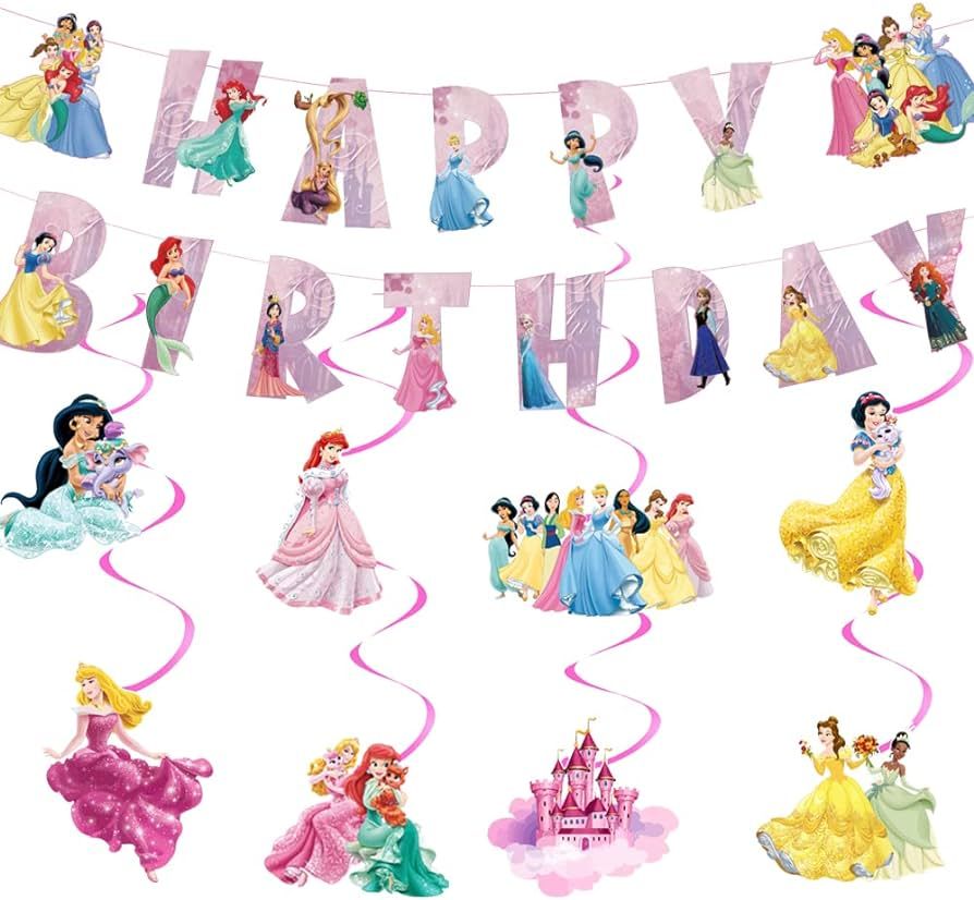 Princess Birthday Decorations Cartoon Princess Party Decorations Banner and Hanging Swirls for Ki... | Amazon (US)