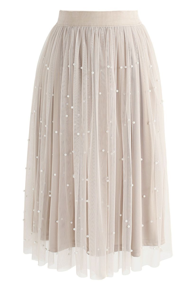 Surely Sweet Pearls Mesh Skirt in Cream | Chicwish