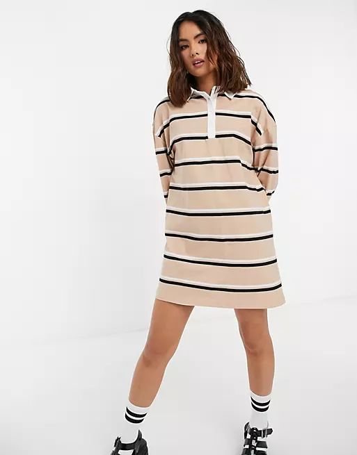 New Look rugby collar sweat dress in brown stripe | ASOS (Global)