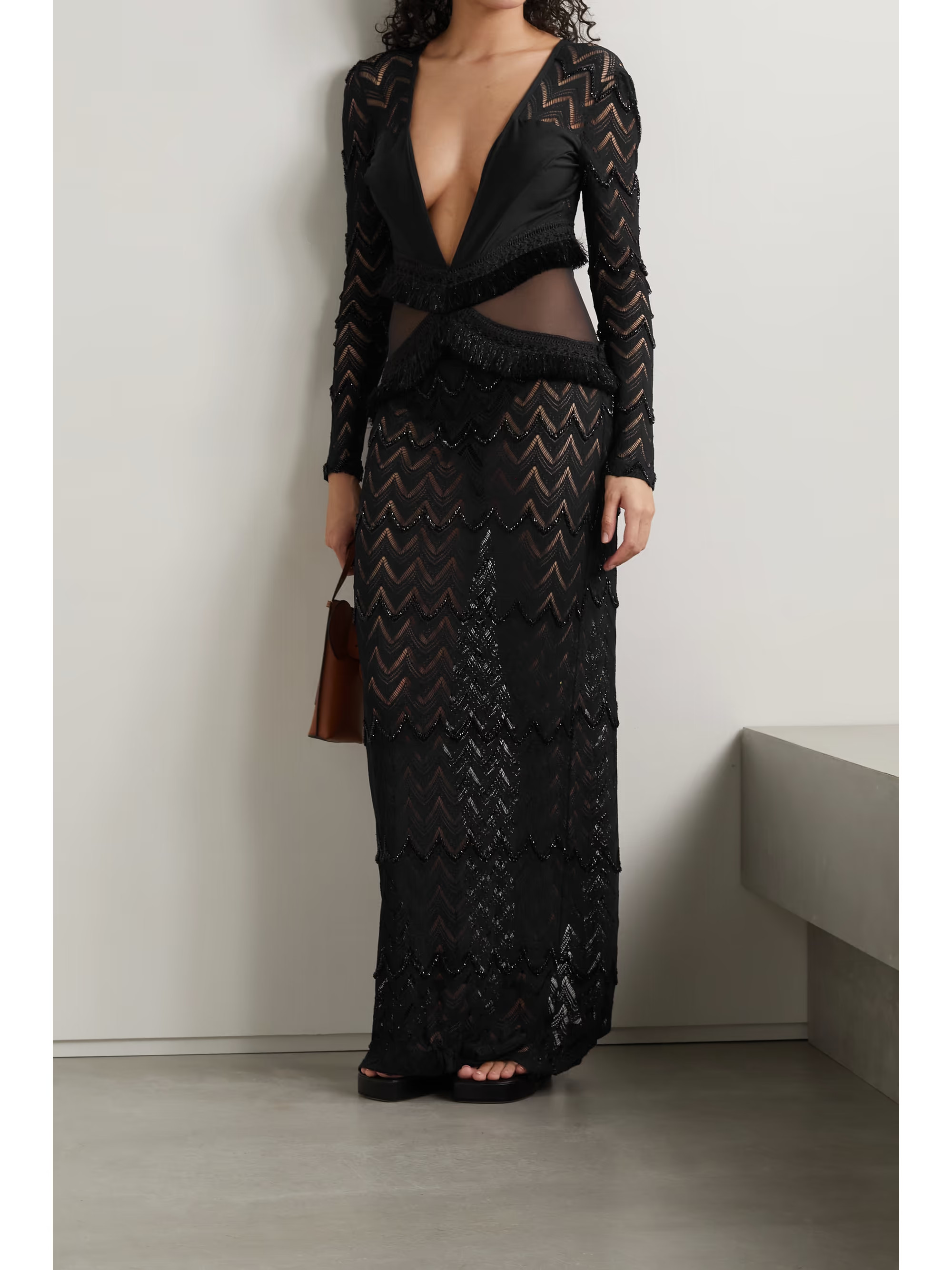 Open-back stretch-jersey, tulle and open-knit maxi dress | NET-A-PORTER (US)