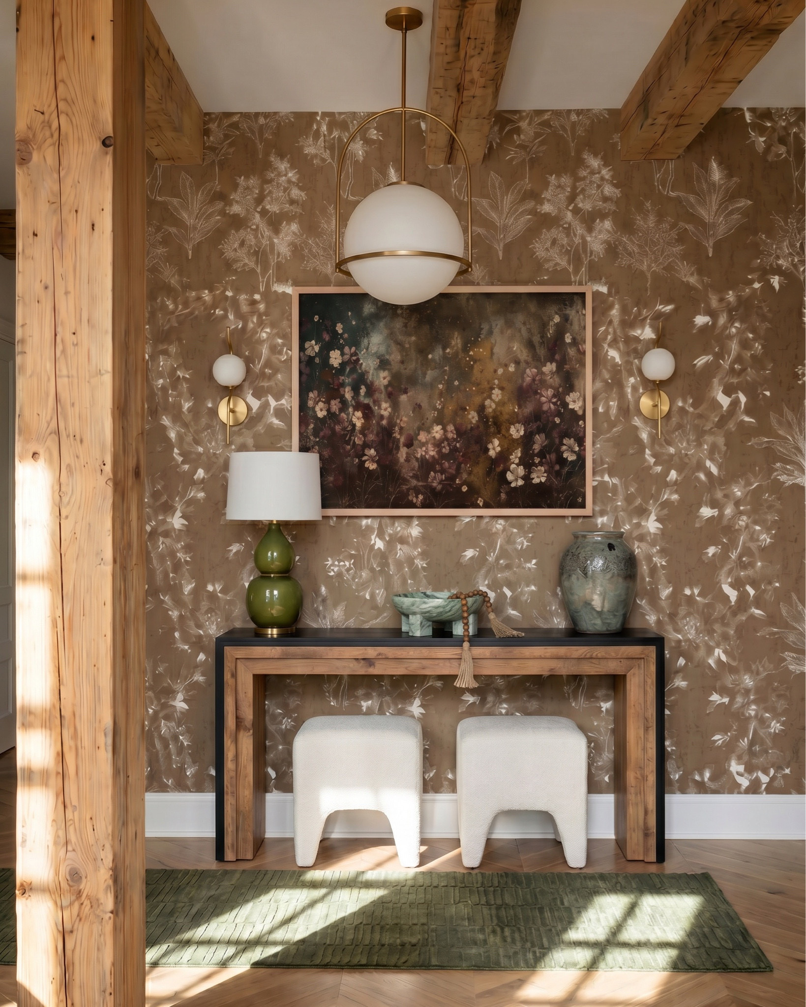 Shop the look:
* wood console table modern rustic entryway
* two tone console table wood and black
* Decor wood beads
* boucle ottoman small round cream stool
* modern brass wall sconces white glass
* round globe pendant light brass ceiling
* floral wallpaper neutral beige textured wall
* large framed floral artwork moody tones
* green ceramic table lamp modern base
* decorative ceramic vases neutral home decor
* entryway rug green textured runner
* cream sofa modern curved couch
* boucle ottoman round set neutral
* wood coffee table square chunky
* green geometric area rug modern
* marble fireplace surround white stone
* wood accent chair neutral upholstery
* built in shelving dark green cabinet
* decorative tray coffee table styling
* neutral throw blanket green textured
* modern wall sconce brass globe

#LTKhome #LTKsale #LTKstyletip