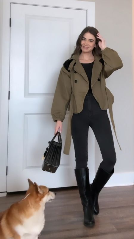 Work outfit, work style, winter outfit, winter style. Trench jacket, trench coat crop, green trench, saint Laurent bag, YSL bag, black denim, knee high flat boots, black jeans 

#LTKitbag #LTKstyletip #LTKworkwear