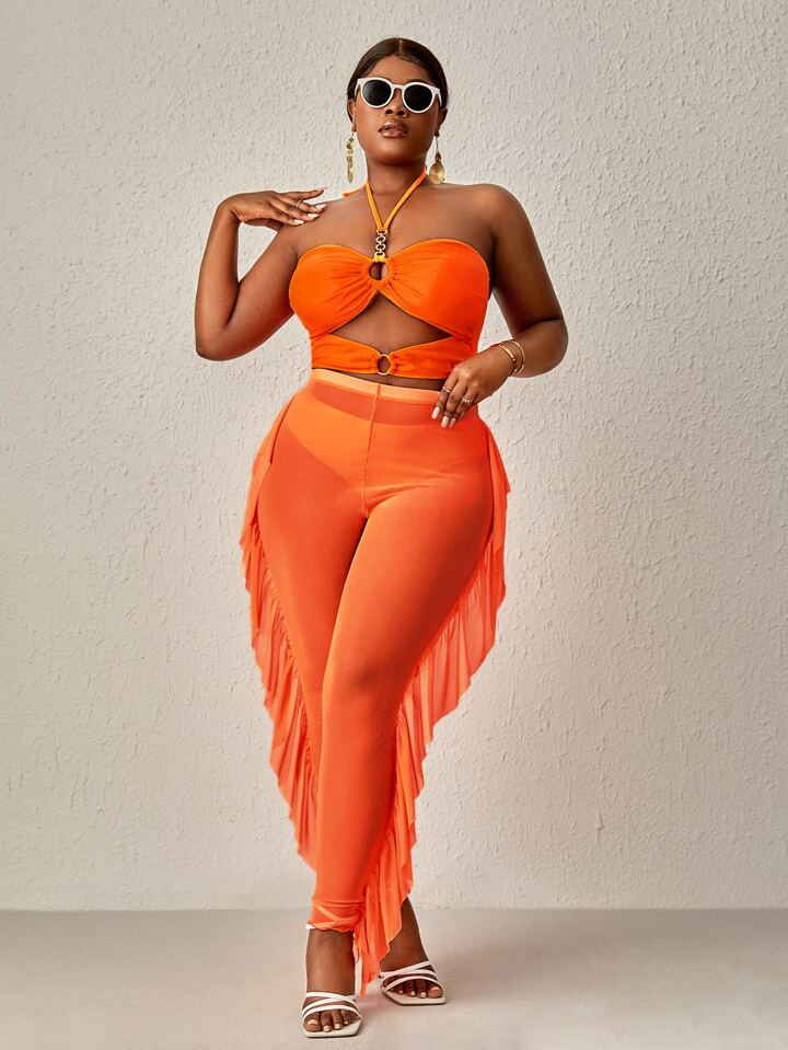 Plus Mono Bikini Set Ring Linked Cut Out Halter Wireless Bra Top & Cheeky & Ruffle Trim Mesh Pant... | SHEIN