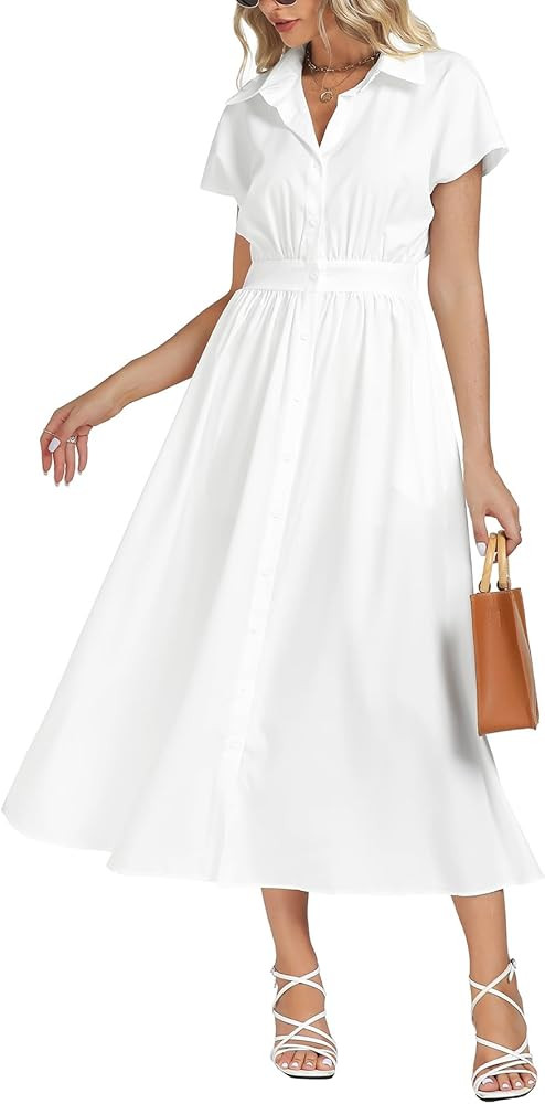 Rooscier Women's Collar Neck Elastic Waist Short Sleeve Button A Line Elegant Long Dress White La... | Amazon (US)