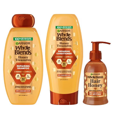 Garnier Whole Blends Honey Treasures Hair Repairing 22 fl oz Shampoo + 22 fl oz Conditioner + 5.1 fl oz Leave-In Serum | Target