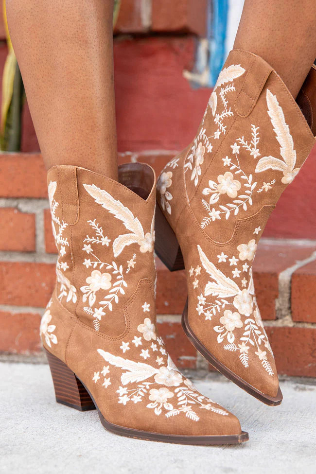 Paige Cocoa Embroidered Bootie | Pink Lily