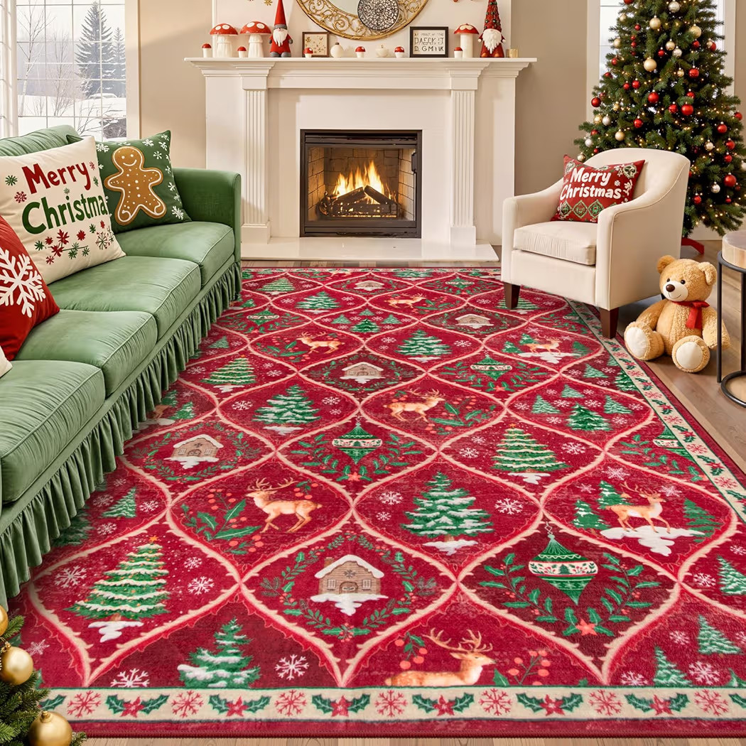Lahome Christmas Rugs for Living Room, Soft Bedroom Rug 8x10 Under Bed Print Xmas Carpet Reindeer... | Amazon (US)
