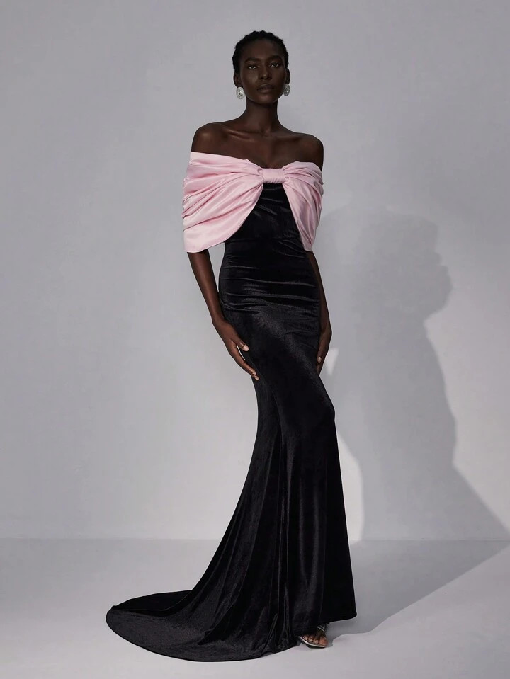 Elitara Elegant And Gorgeous Pink One-Shoulder Large Bow Exaggerated Sleeves Spliced ​​With Black Elastic Velvet Fabric Slim-Fitting Fishtail Shape With Large Train Suitable For Dinner Bachelor Party Date Evening Dress, Formal Prom Gown, For Wedding Guest, Graduation | SHEIN