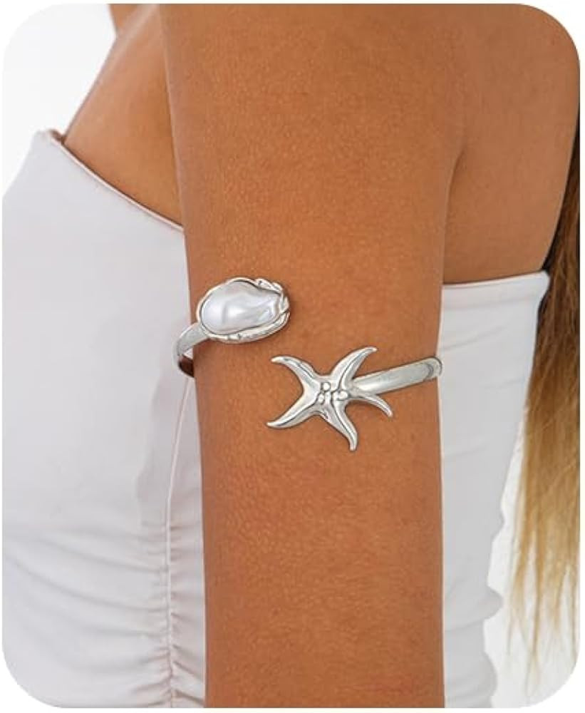 Gold Arm Cuff Bracelet for Women Pearl Starfish Upper Arm Cuffs Bangle Bracelet Adjustable Minima... | Amazon (US)
