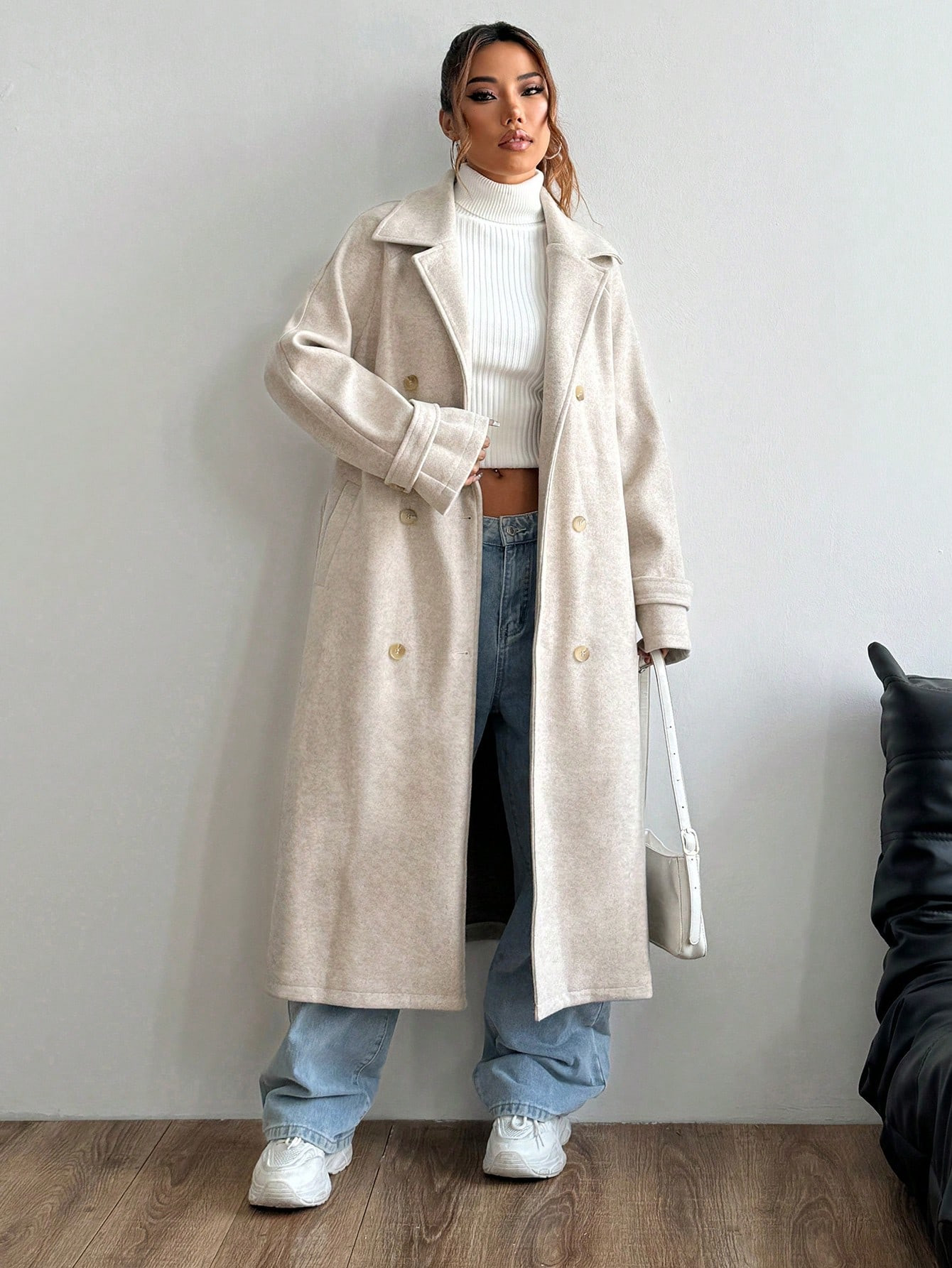 SHEIN MOOSTA Women's Solid Color Notched Collar Double-Breasted Long Casual Knitted Coat, Autumn/... | SHEIN