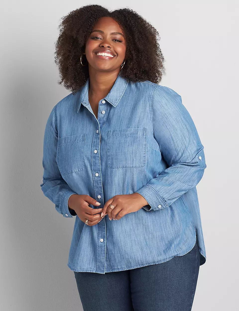 No-Peek Chambray Boyfriend Shirt | Lane Bryant (US)