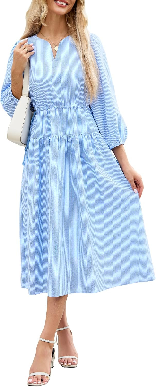 Ladyful Striped Midi Dress for Women 3/4 Sleeve V Neck Cotton Shirt Dress | Amazon (US)