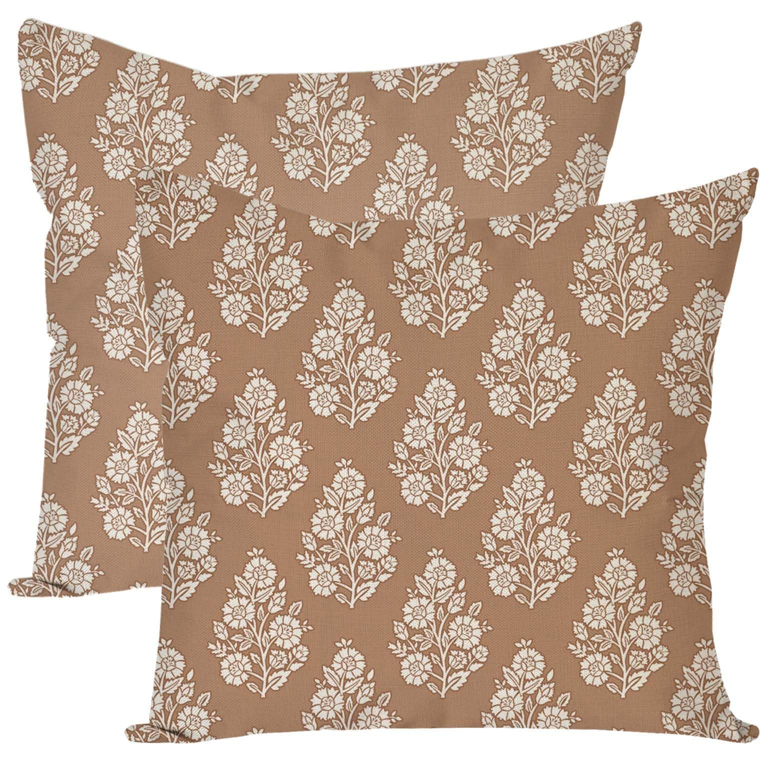 Vintage Floral Block Print Decorative Throw Pillow Covers 18x18 Inch Set of 2 Pale Brown Outdoor ... | Amazon (US)