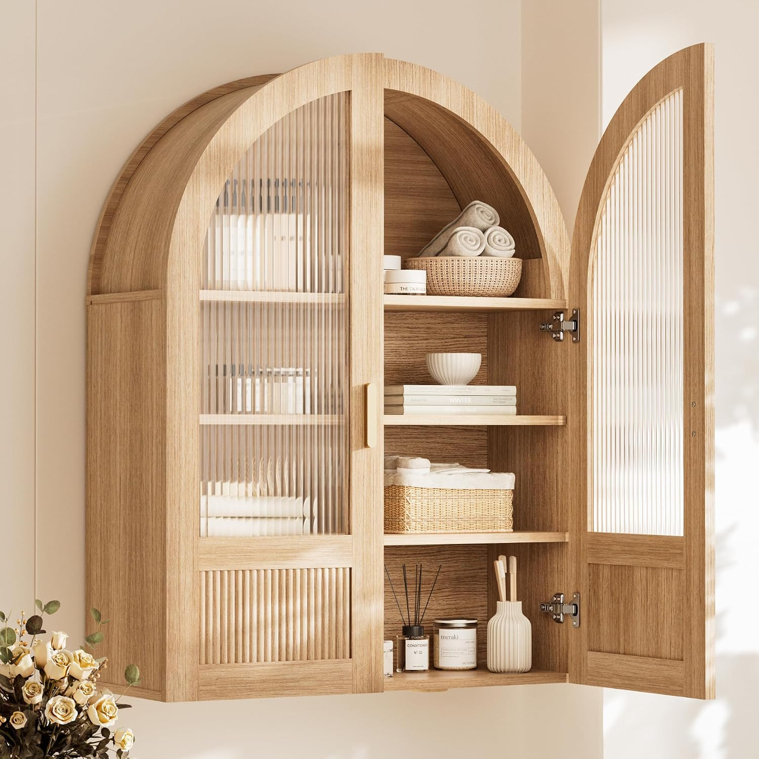 4-Tier Arched Bathroom Wall Cabinet with Adjustable Wood Shelves, Over the Toilet Storage Cabinet with Acrylic Doors, Medicine Cabinet for Laundry Room & Living Room Kitchen (Natural Oak) | Amazon (US)