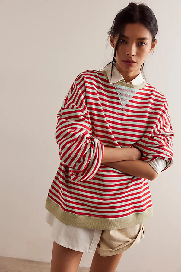 We The Free Classic Striped Oversized Crewneck at Free People in Cherry Combo, Size: XS | Free People (UK)