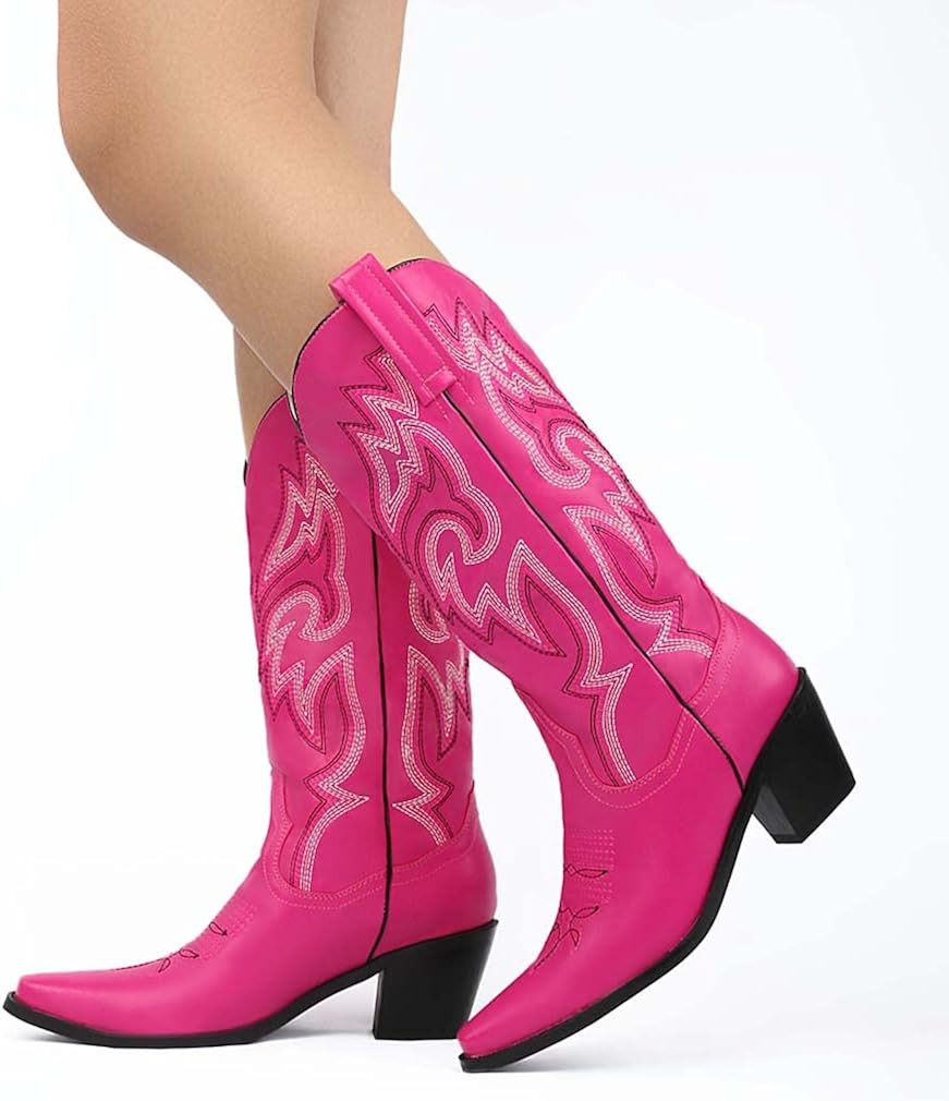 heelchic Womens Embroidered Cowboy Cowgirl Boots Snip Toe Chunky Heel Western Boots Pull On Mid C... | Amazon (US)