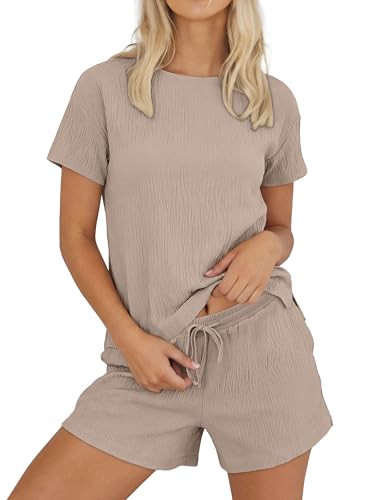 ANRABESS Womens Lounge Pajamas Short Set 2026 Casual Summer 2 Piece Outfits Lightweight Loungewear Clothes Beige Large | Amazon (US)
