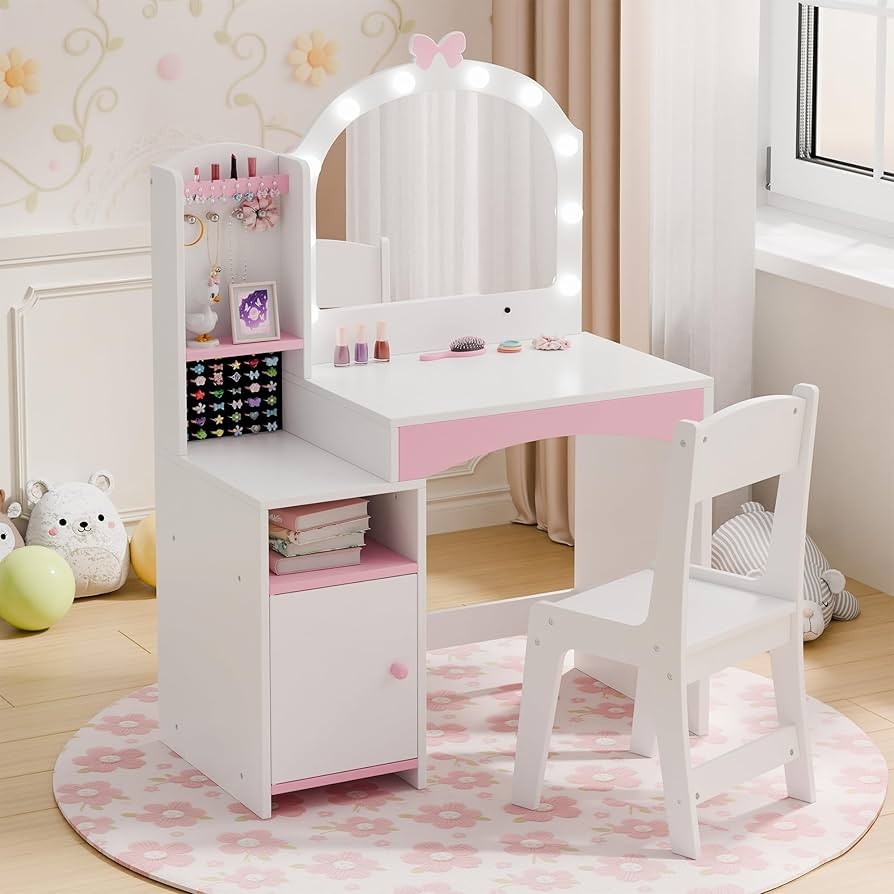 Girls Vanity Table and Chair Set, Kids Vanity with Jewelry Organizer for Princess, Toddler Makeup... | Amazon (US)