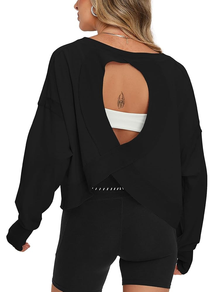 Darong Womens Open Back Workout Top Oversized Workout T Shirts Backless Athletic Shirt Long Sleev... | Amazon (US)