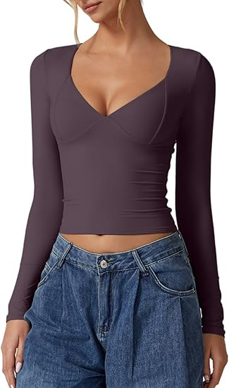 QINSEN Women's Long Sleeve V Neck T Shirts Double Lined Crop Top Seamed Cup Going Out Tops | Amazon (US)