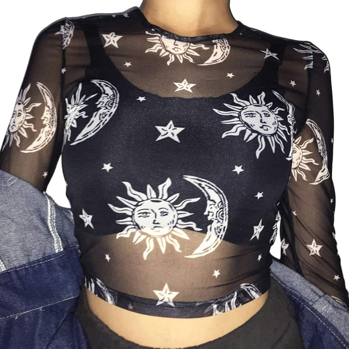 MIZOK Women's Long Sleeve See Through Shirts Angel Print Sexy Sheer Mesh Crop Tops | Amazon (US)