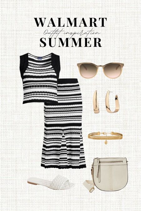 Walmart outfit inspiration. Walmart summer. Summer look. Neutral style. Two piece set. Skirt set. Date night look. Gold earrings. Sunglasses. Striped shirt. Striped skirt. Midi skirt.

#LTKstyletip #LTKsalealert #LTKFind