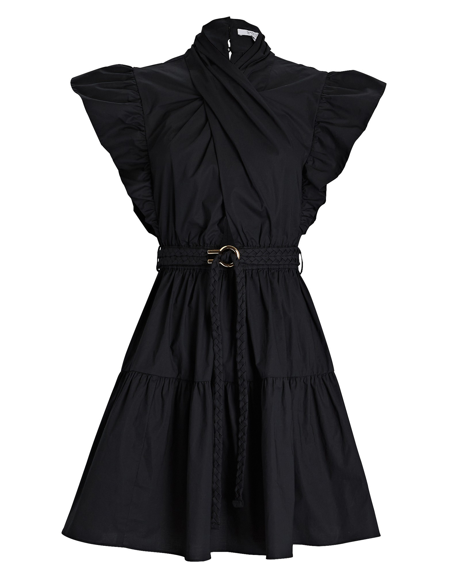 Derek Lam 10 Crosby Finn Belted Ruffled Poplin Mini Dress, Black 6 | INTERMIX