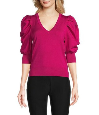 DKNY by Donna Karan Short Pleated Puffed Elbow Sleeve V-Neck Knit Top | Dillard's