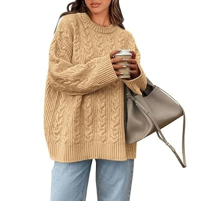 Okiwam Women's Oversized Sweaters Cable Knit Pullover Crewneck Casual Loose,Chun… | Amazon (US)