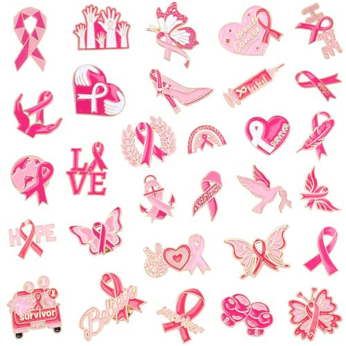 SANNIX 60Pcs Breast Cancer Pins, Pink Ribbon Enamel Lapel Pins Brooch Badge Bulk for Breast Cancer Awareness Accessories Survivor Month Charity Event Party Favors, 30 Styles | Amazon (US)