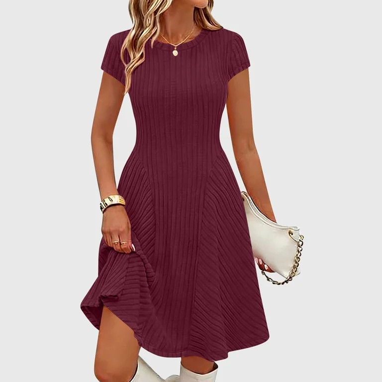 BRGZLK Women's Solid Color Short Sleeved Summer Ribbed Mini Sweater Dress 2026 Casual Crewneck Ca... | Walmart (US)