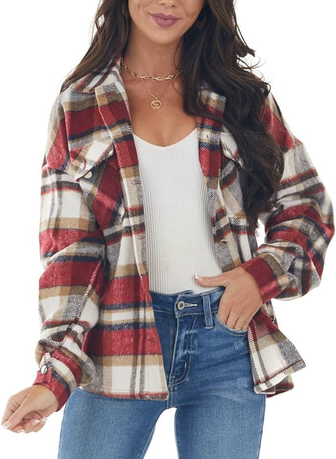 NUOREEL Womens Casual Plaid Soft Button Down Tops Roll Up Long Sleeve Cuffed Blouse Shirts | Amazon (US)