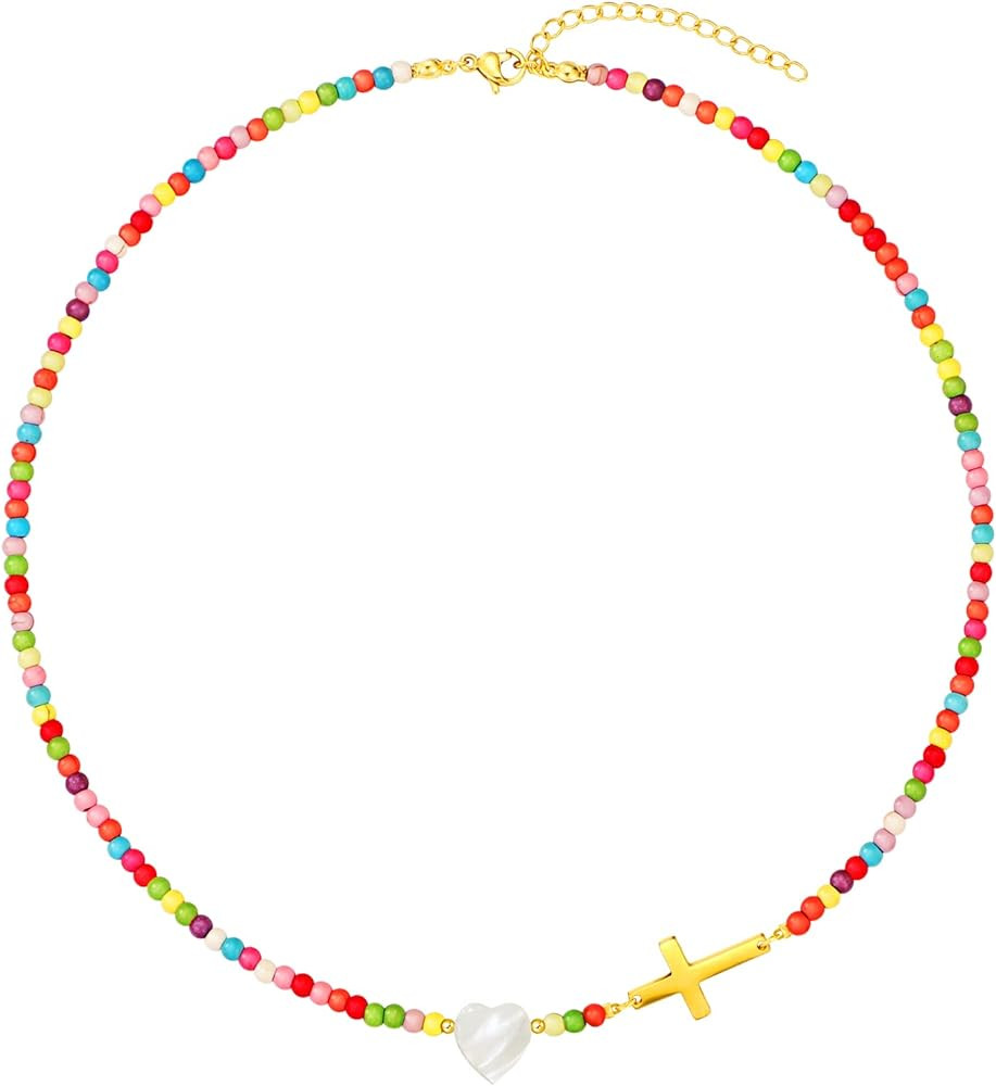MJartoria Cross Necklaces for Women, Colorful Beaded Necklace, Y2K Shell Beach Necklace Personali... | Amazon (US)